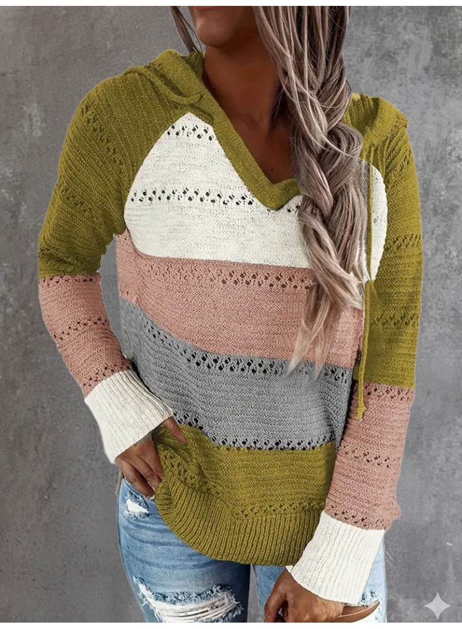 Kadın Uzun Kollu V Yakalı Bağcıklı Kapşonlu Triko Bluz