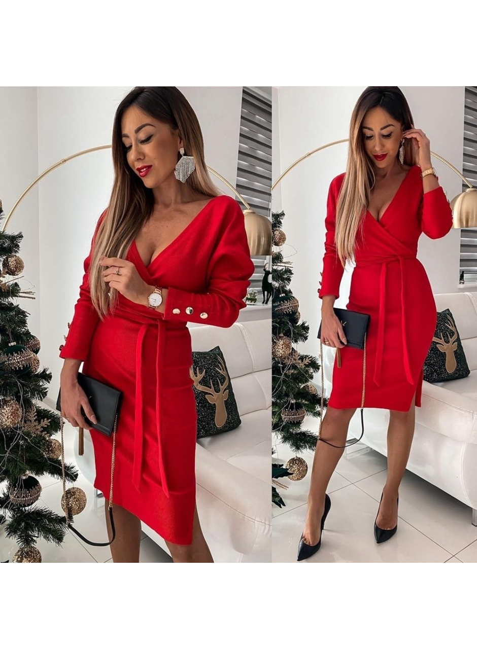 Kadın Uzun Kollu Kruvaze Yaka Bağcık Detay Akrilik Mini Boy Elbise