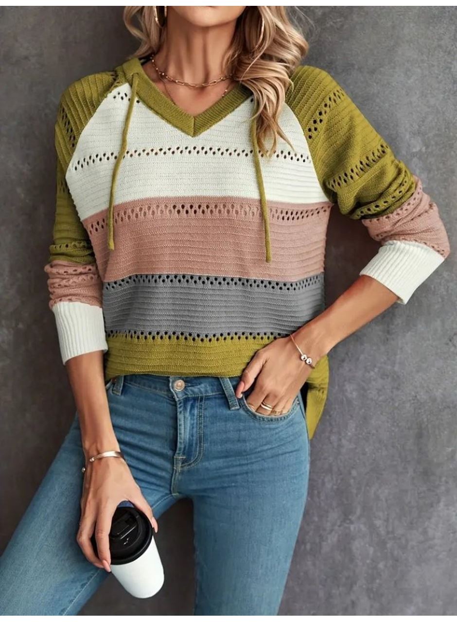 Kadın Uzun Kollu V Yakalı Bağcıklı Kapşonlu Triko Bluz