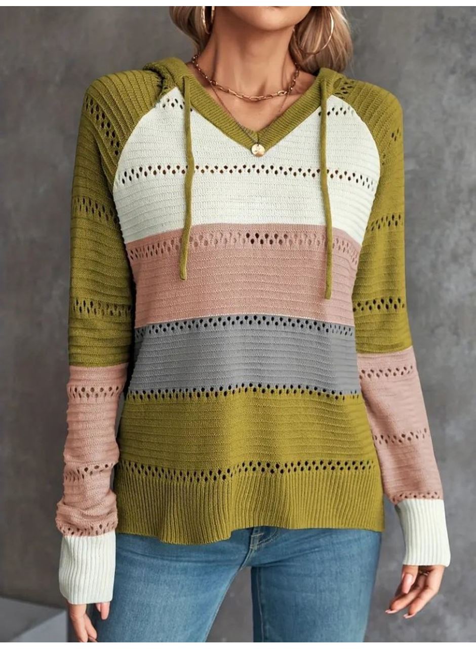 Kadın Uzun Kollu V Yakalı Bağcıklı Kapşonlu Triko Bluz