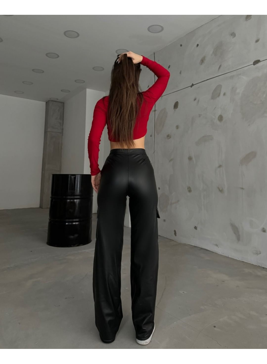 Kadın Yüksek Bel önden Fermuarlı Yandan Cep Detaylı Deri Kargo Pantolon