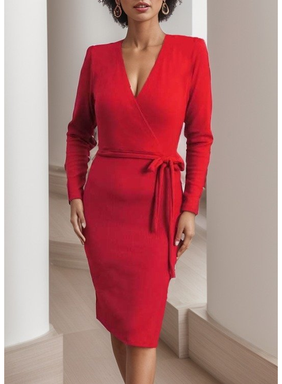 Kadın Uzun Kollu Kruvaze Yaka Bağcık Detay Akrilik Mini Boy Elbise
