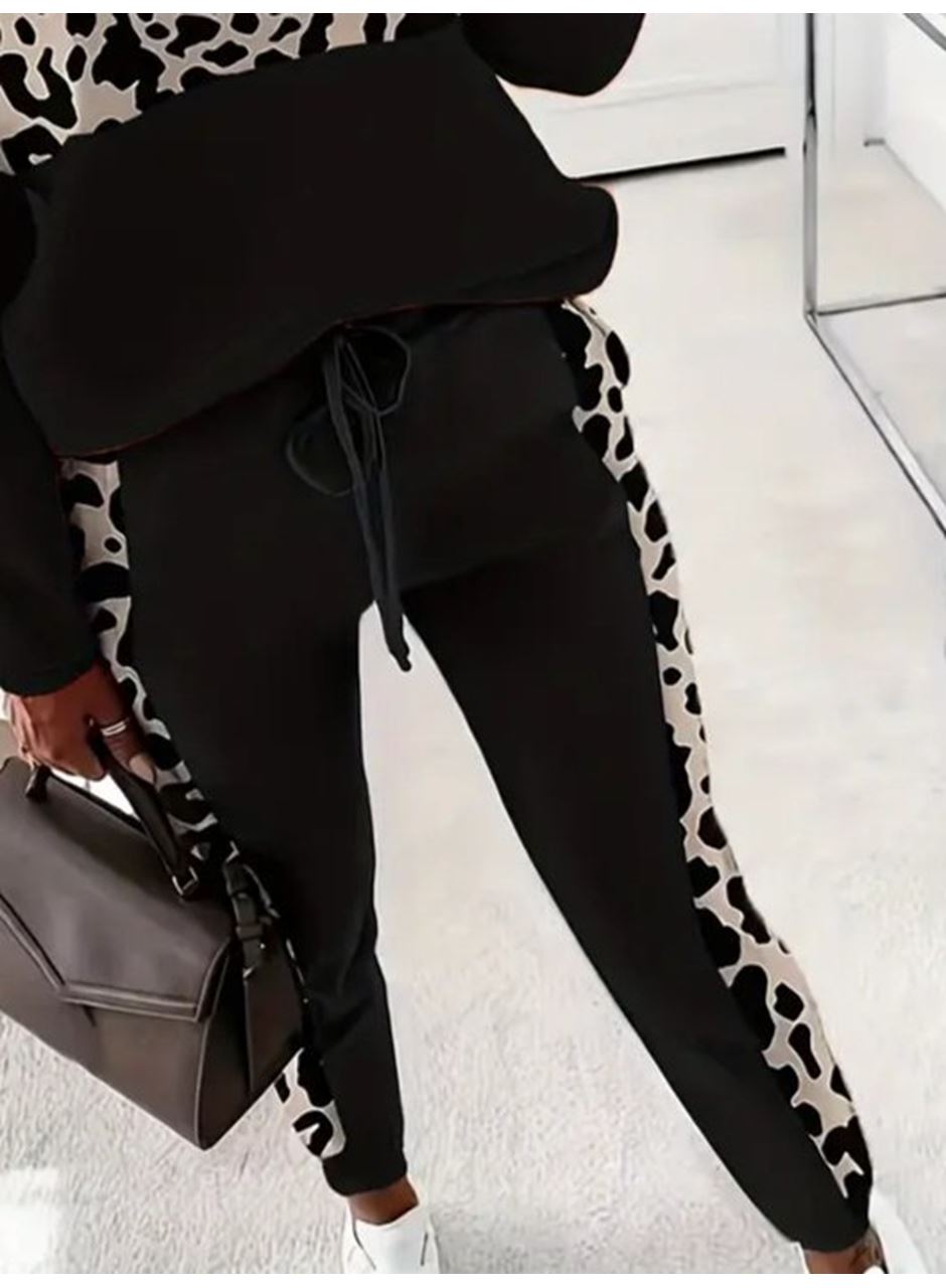 Kadın Uzun Kollu Fermuarlı Karışık Desenli Viskon Iki Iplik Bluz Ve Pantolon Ikili Takım