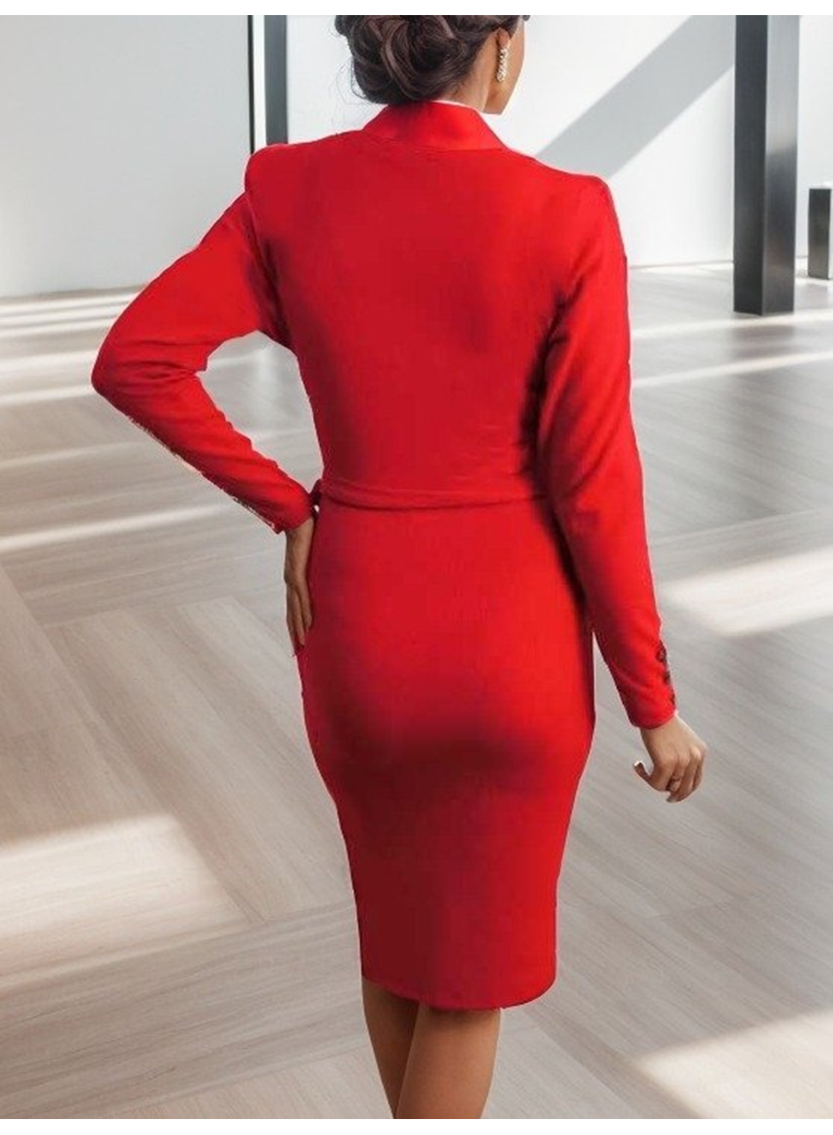 Kadın Uzun Kollu Kruvaze Yaka Bağcık Detay Akrilik Mini Boy Elbise