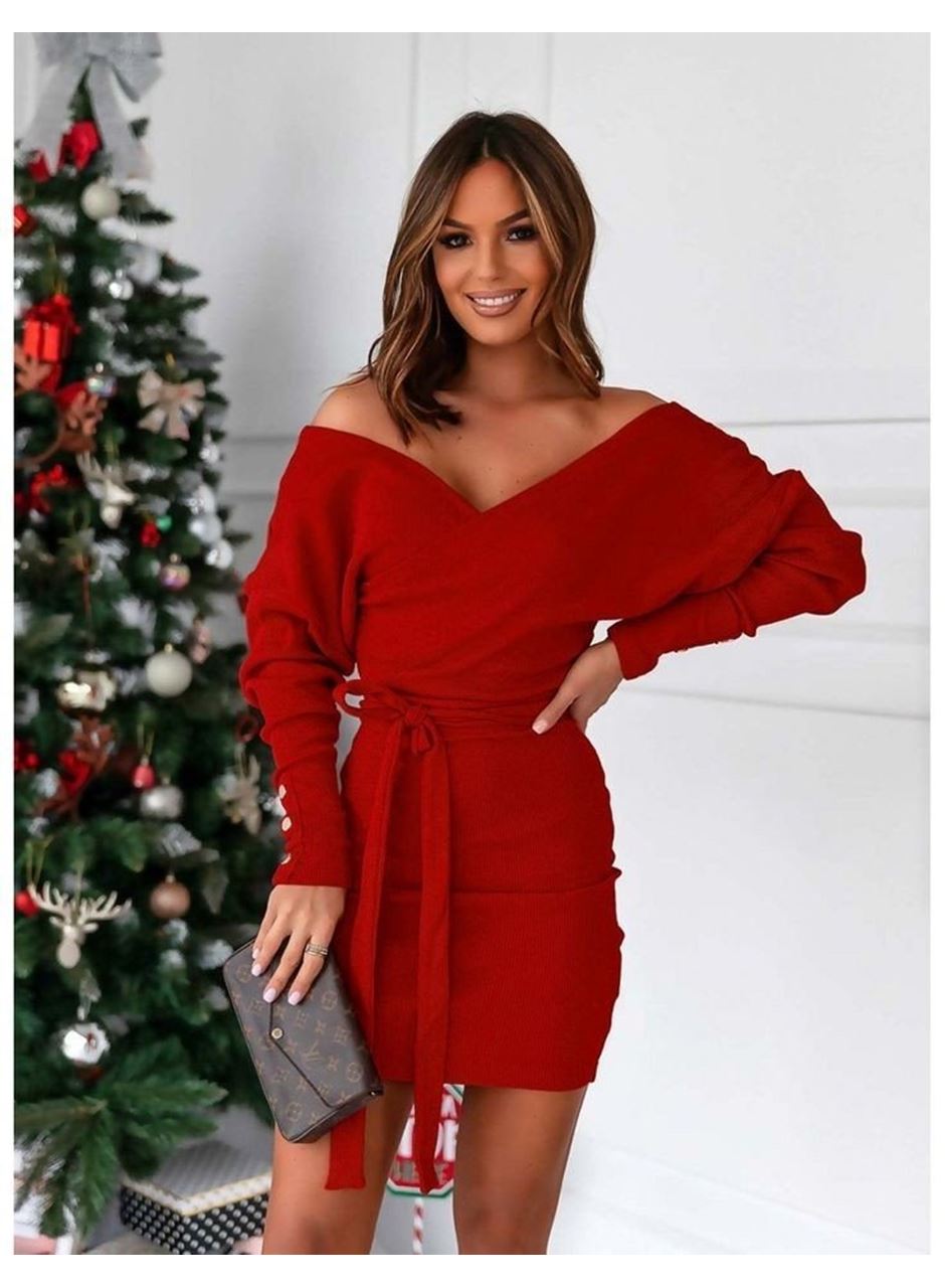 Kadın Uzun Kollu Kruvaze Yaka Bağcık Detay Akrilik Mini Boy Elbise