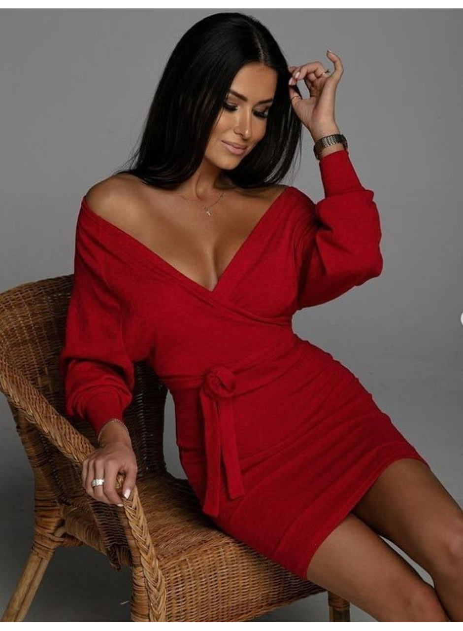 Kadın Uzun Kollu Kruvaze Yaka Bağcık Detay Akrilik Mini Boy Elbise