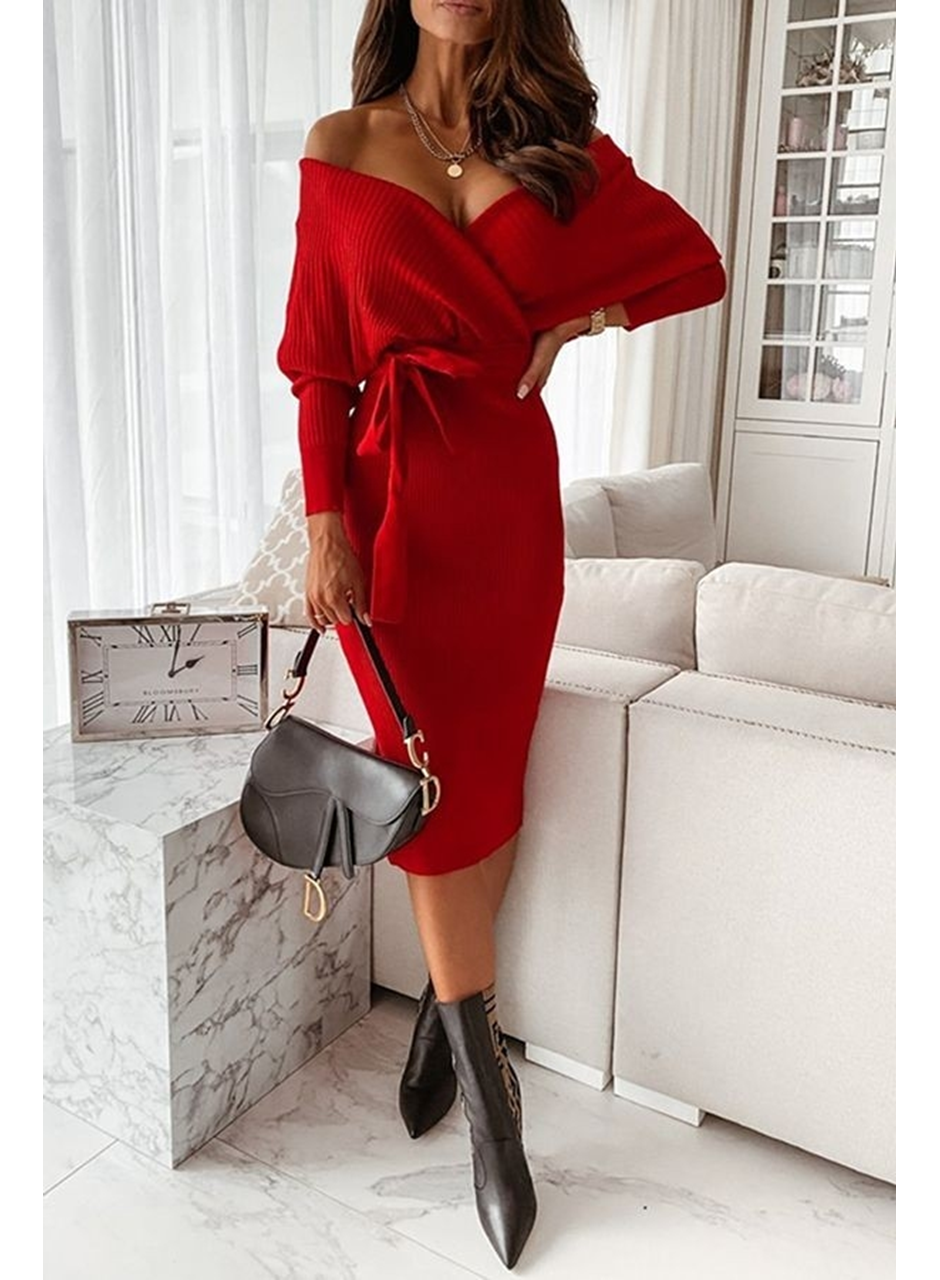 Kadın Uzun Kollu Kruvaze Yaka Bağcık Detay Akrilik Mini Boy Elbise