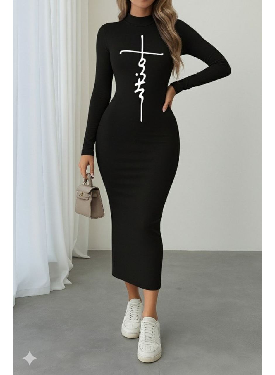 Kadın Uzun Kollu Boğazlı Baskı Detaylı Viskon Tam Boy Elbise