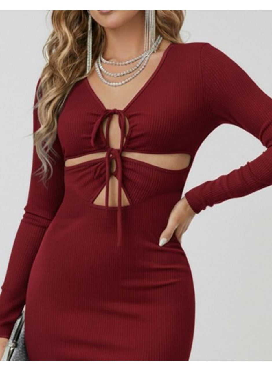 Kadın Uzun Kollu Göğüs Ve Göbek Dekolte Detay Sandy Midi Boy Elbise
