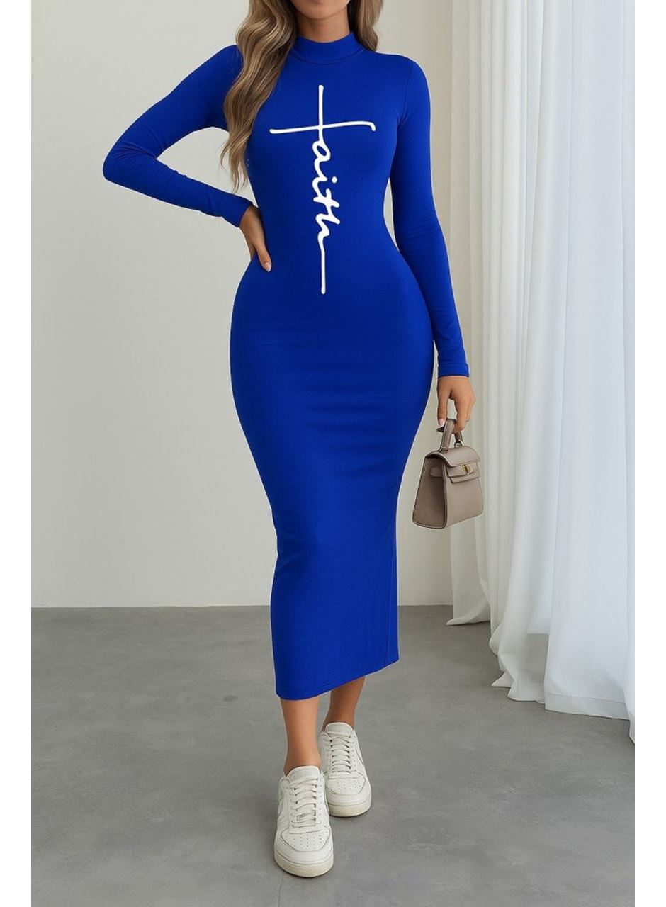 Kadın Uzun Kollu Boğazlı Baskı Detaylı Viskon Tam Boy Elbise