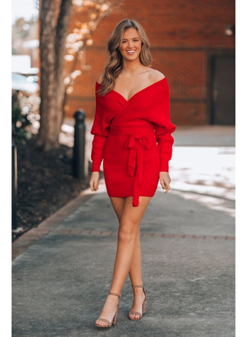 Kadın Uzun Kollu Kruvaze Yaka Bağcık Detay Akrilik Mini Boy Elbise