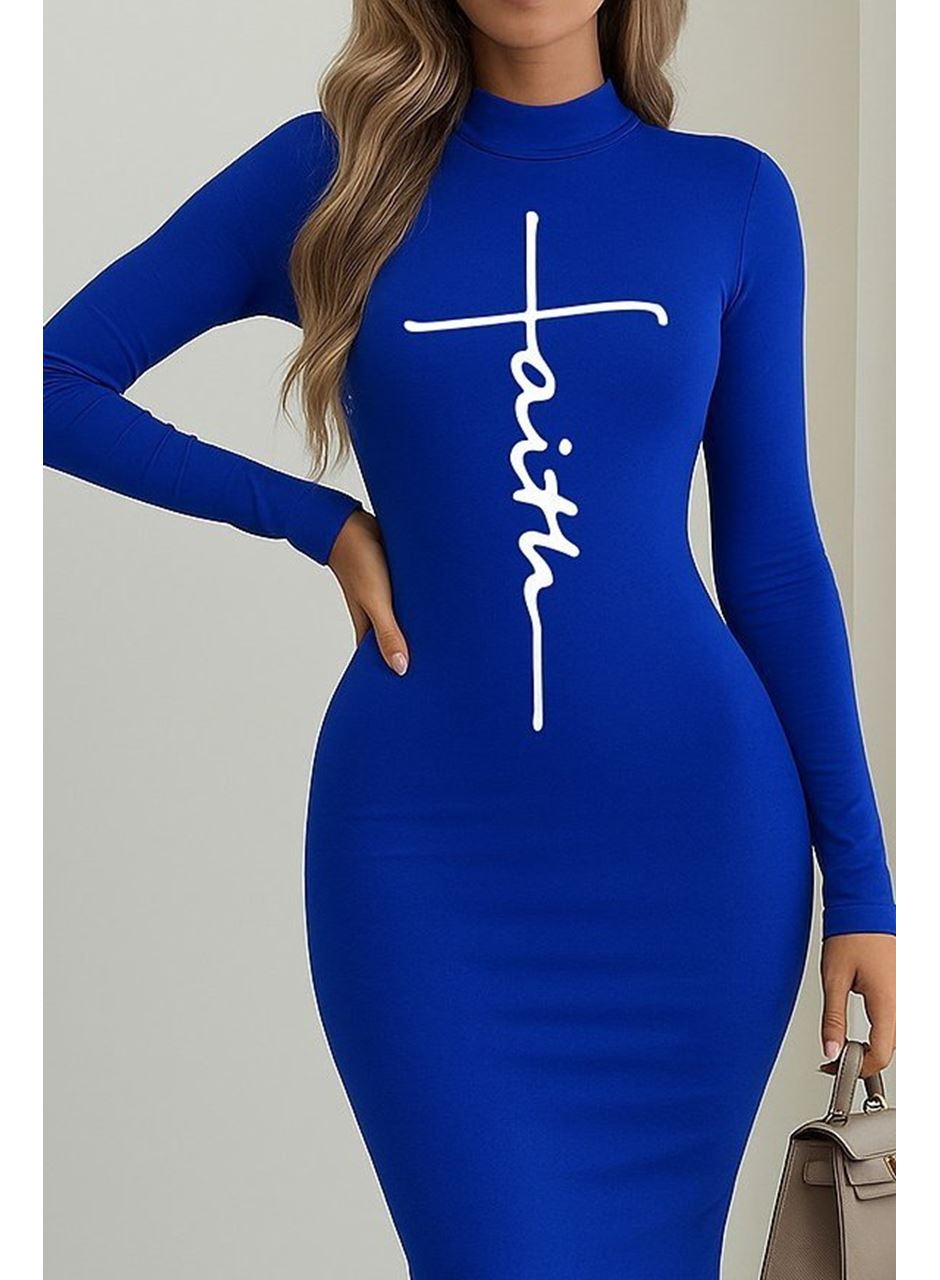 Kadın Uzun Kollu Boğazlı Baskı Detaylı Viskon Tam Boy Elbise