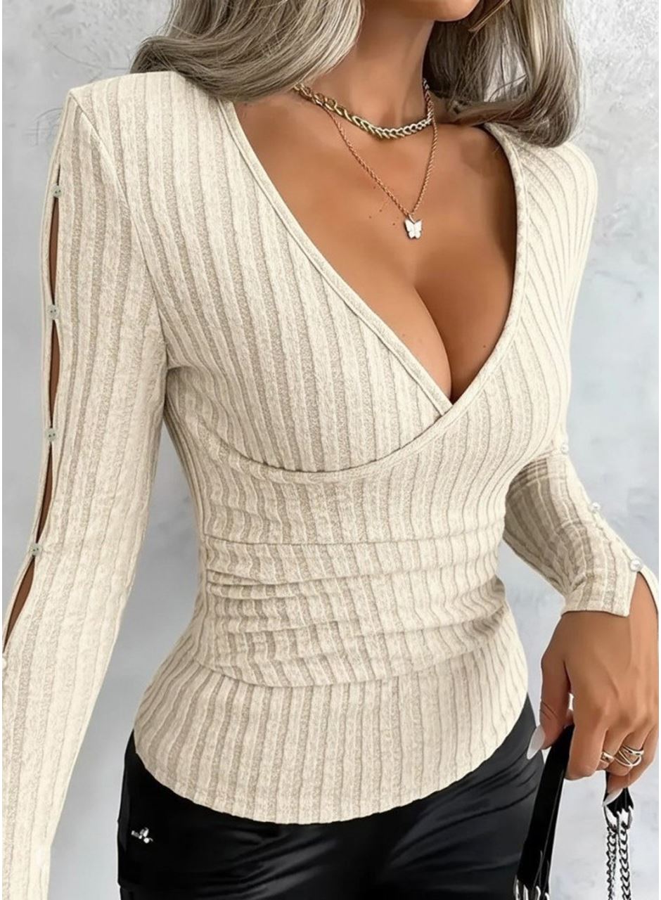 Kadın Uzun Kollu Kruvaze Yakalı Incili şardonlu Kaşkorse Bluz