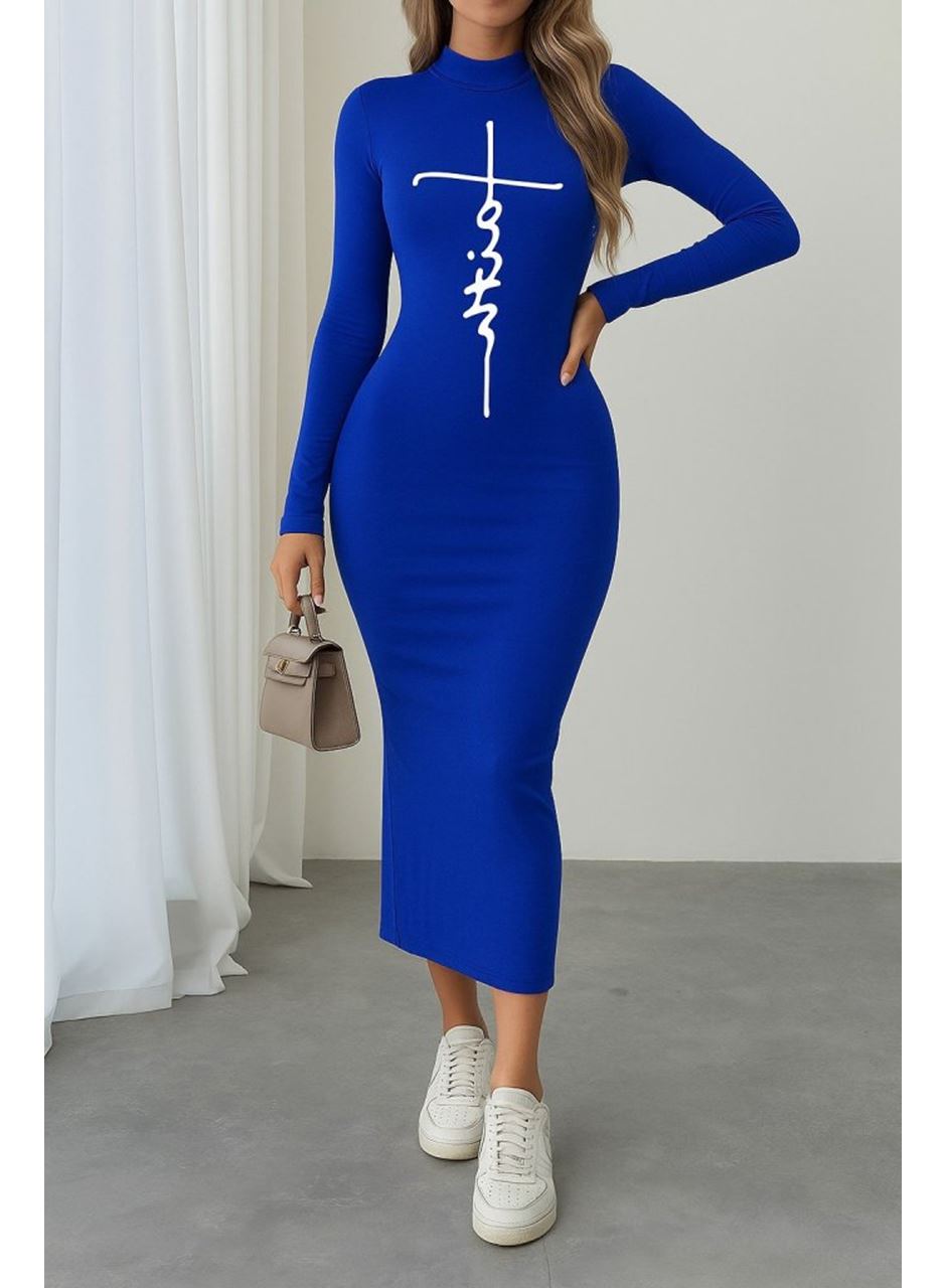 Kadın Uzun Kollu Boğazlı Baskı Detaylı Viskon Tam Boy Elbise