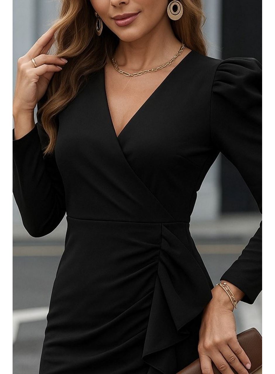 Kadın Uzun Kollu Kruvaze Yaka Karpuz Kol Eteği Fırfır Detay Krep Mini Elbise