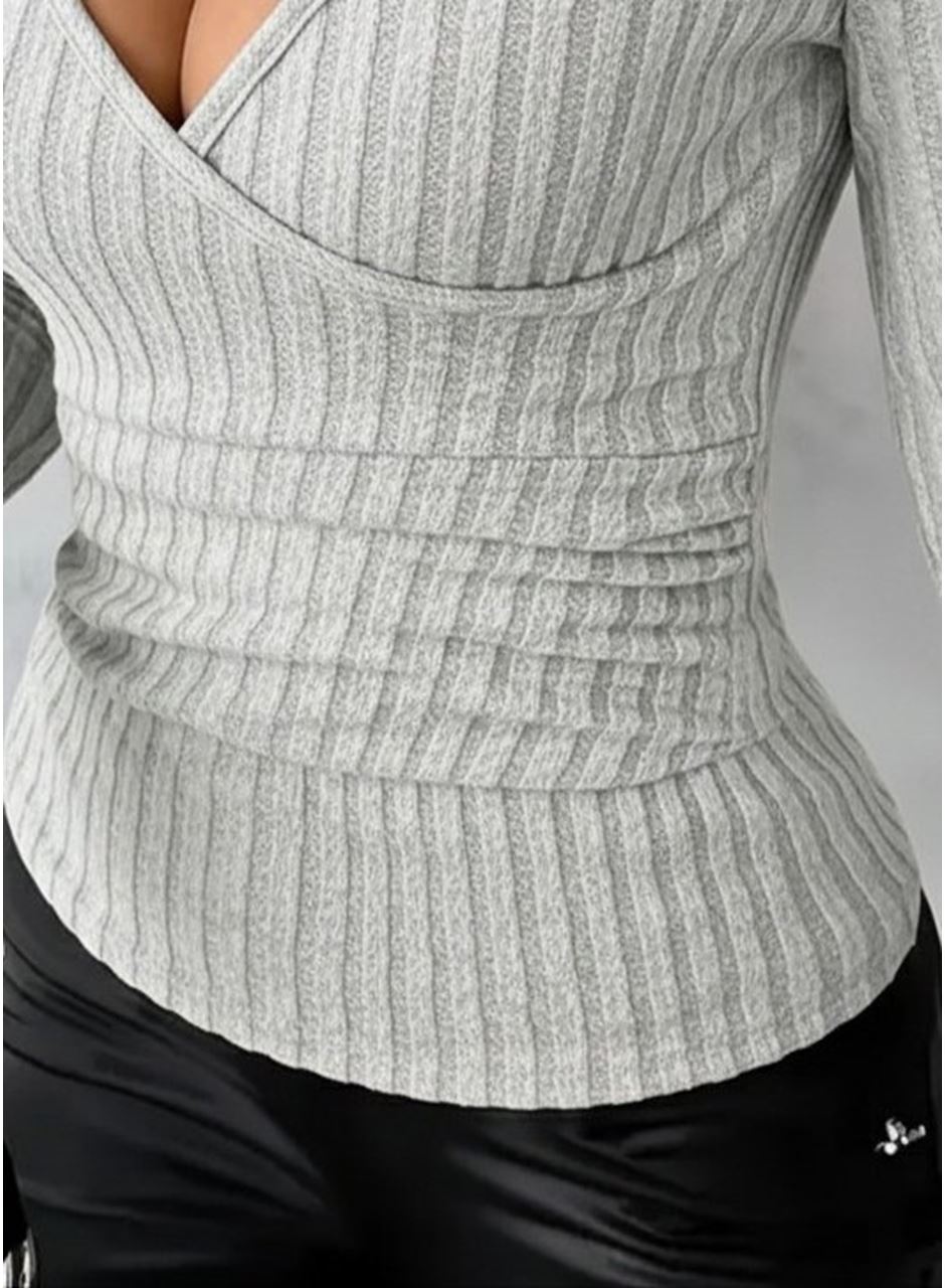 Kadın Uzun Kollu Kruvaze Yakalı Incili şardonlu Kaşkorse Bluz