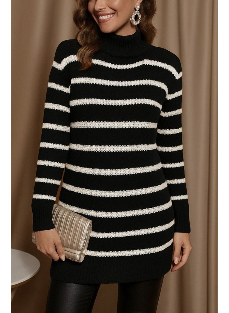 Kadın Uzun Kollu Degaje Yaka çizgili Sonya Iplik Mini Boy Triko Elbise (kemersiz)