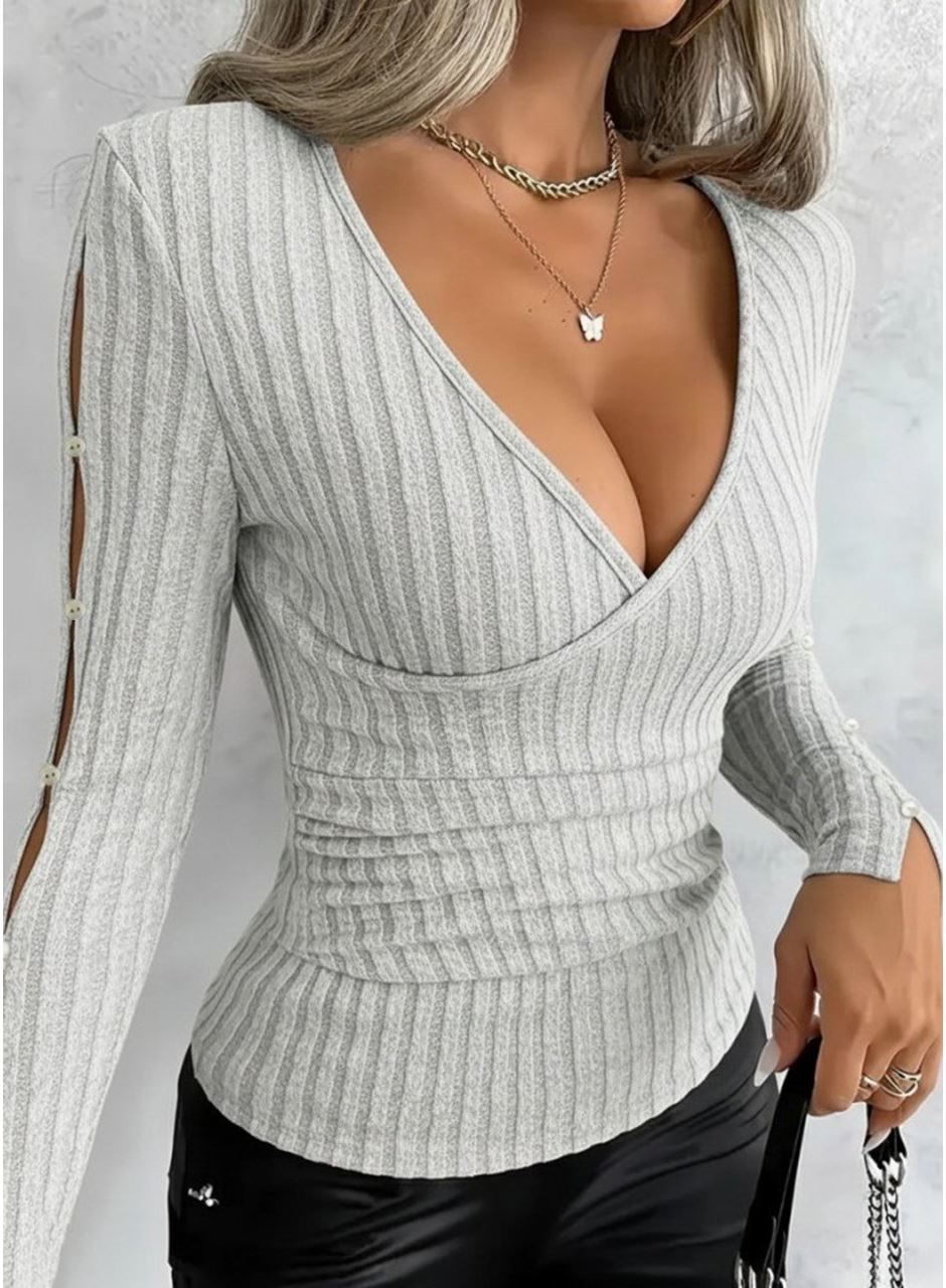 Kadın Uzun Kollu Kruvaze Yakalı Incili şardonlu Kaşkorse Bluz