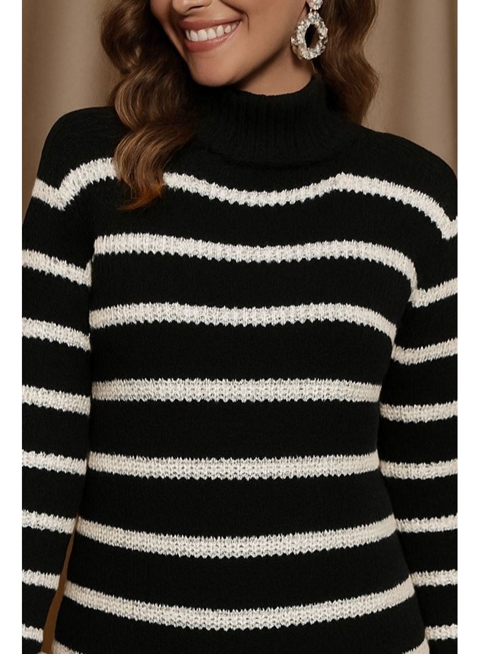 Kadın Uzun Kollu Degaje Yaka çizgili Sonya Iplik Mini Boy Triko Elbise (kemersiz)