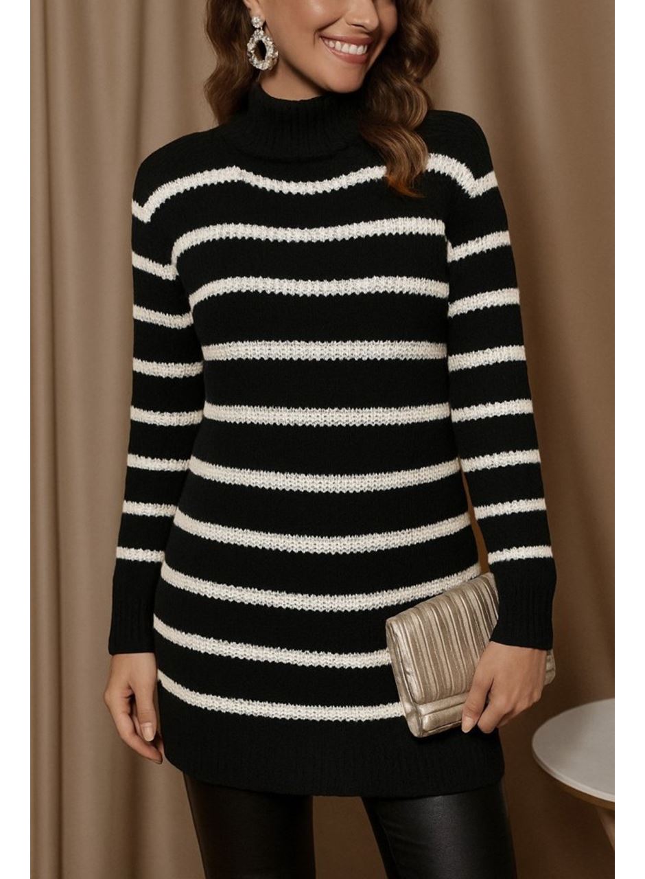 Kadın Uzun Kollu Degaje Yaka çizgili Sonya Iplik Mini Boy Triko Elbise (kemersiz)