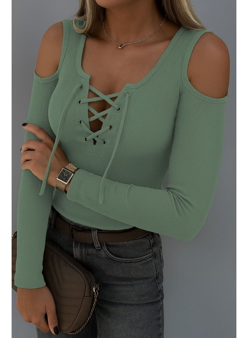Kadın Omuzlardan Açık Uzun Kollu Bağcıklı Kaşkorse Bluz