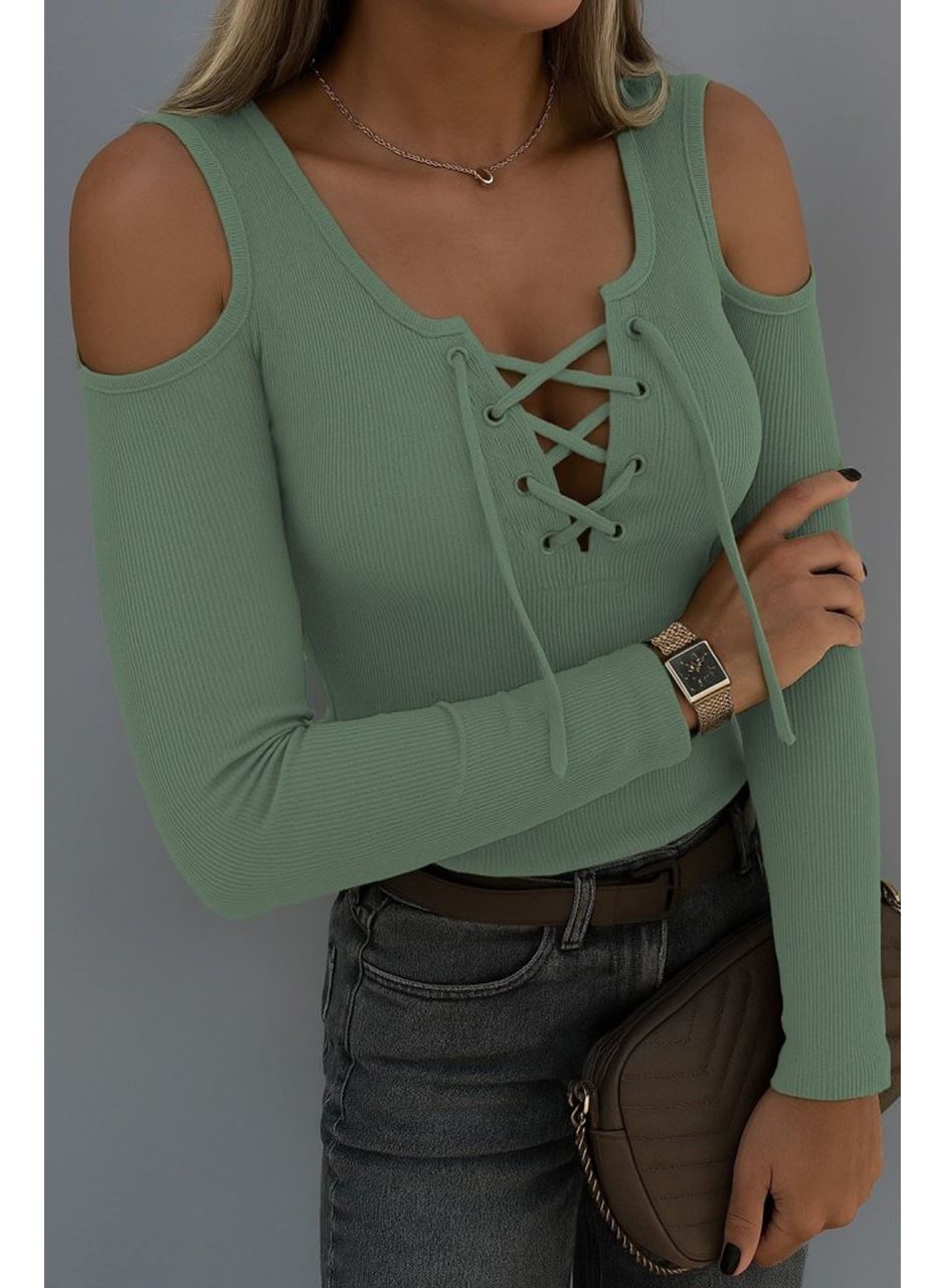 Kadın Omuzlardan Açık Uzun Kollu Bağcıklı Kaşkorse Bluz