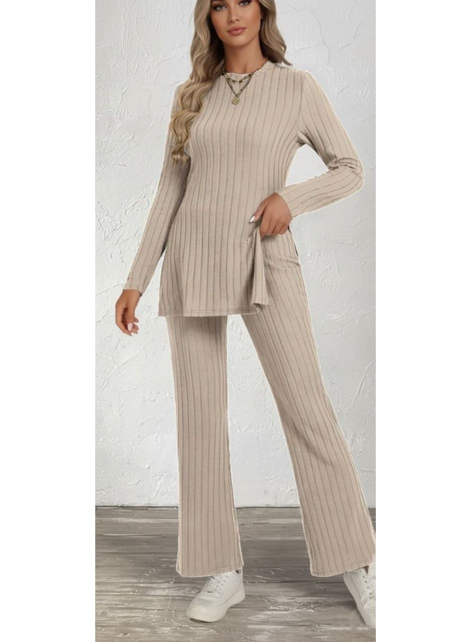 Kadın Uzun Kollu Bisiklet Yaka Yandan Yırtmaçlı şardonlu Kaşkorse Bluz Ve Pantolon Ikili Takım