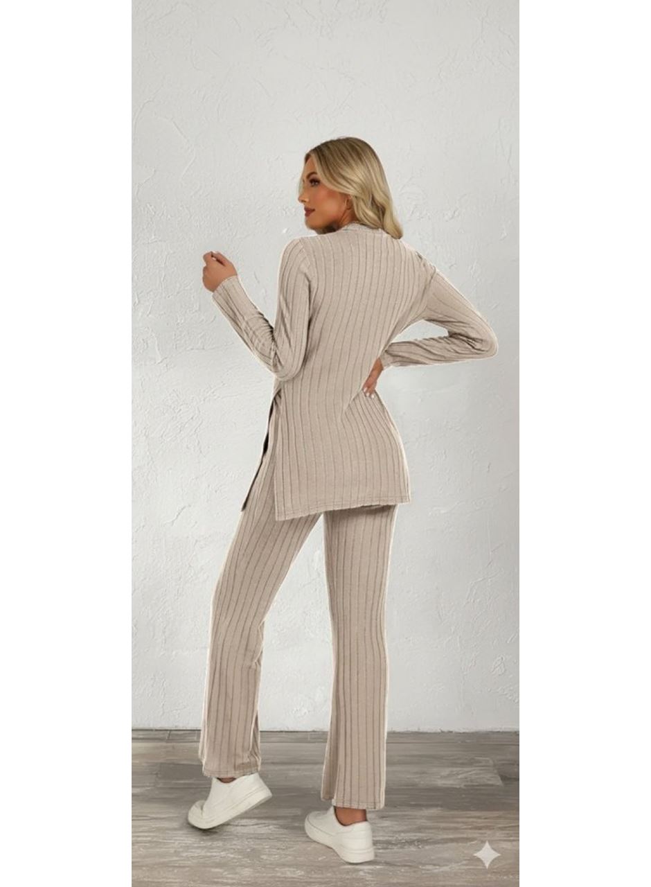 Kadın Uzun Kollu Bisiklet Yaka Yandan Yırtmaçlı şardonlu Kaşkorse Bluz Ve Pantolon Ikili Takım