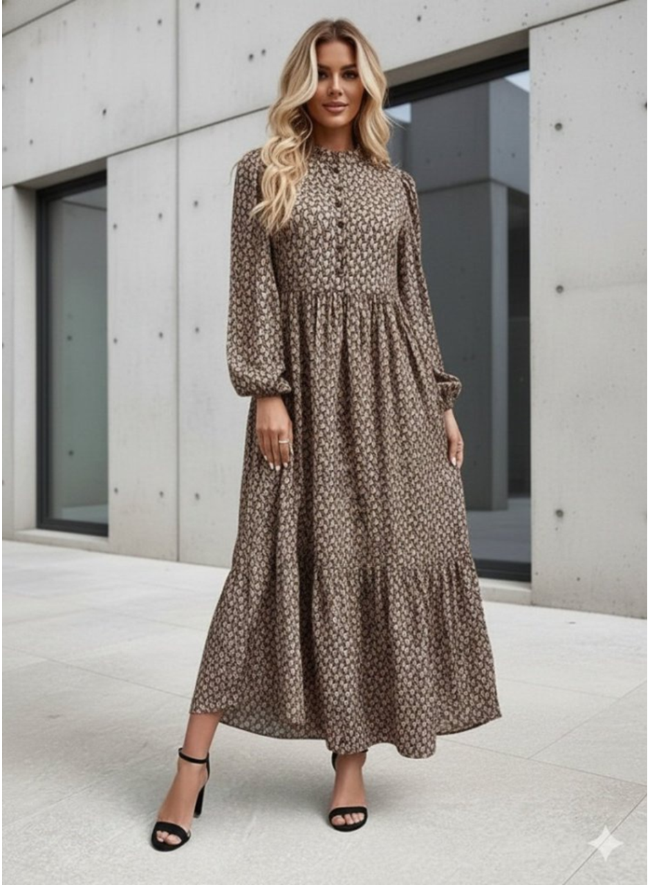 Kadın Uzun Kollu Hakim Yakalı Düğmeli Kemersiz Desenli Maxi Süprem Elbise