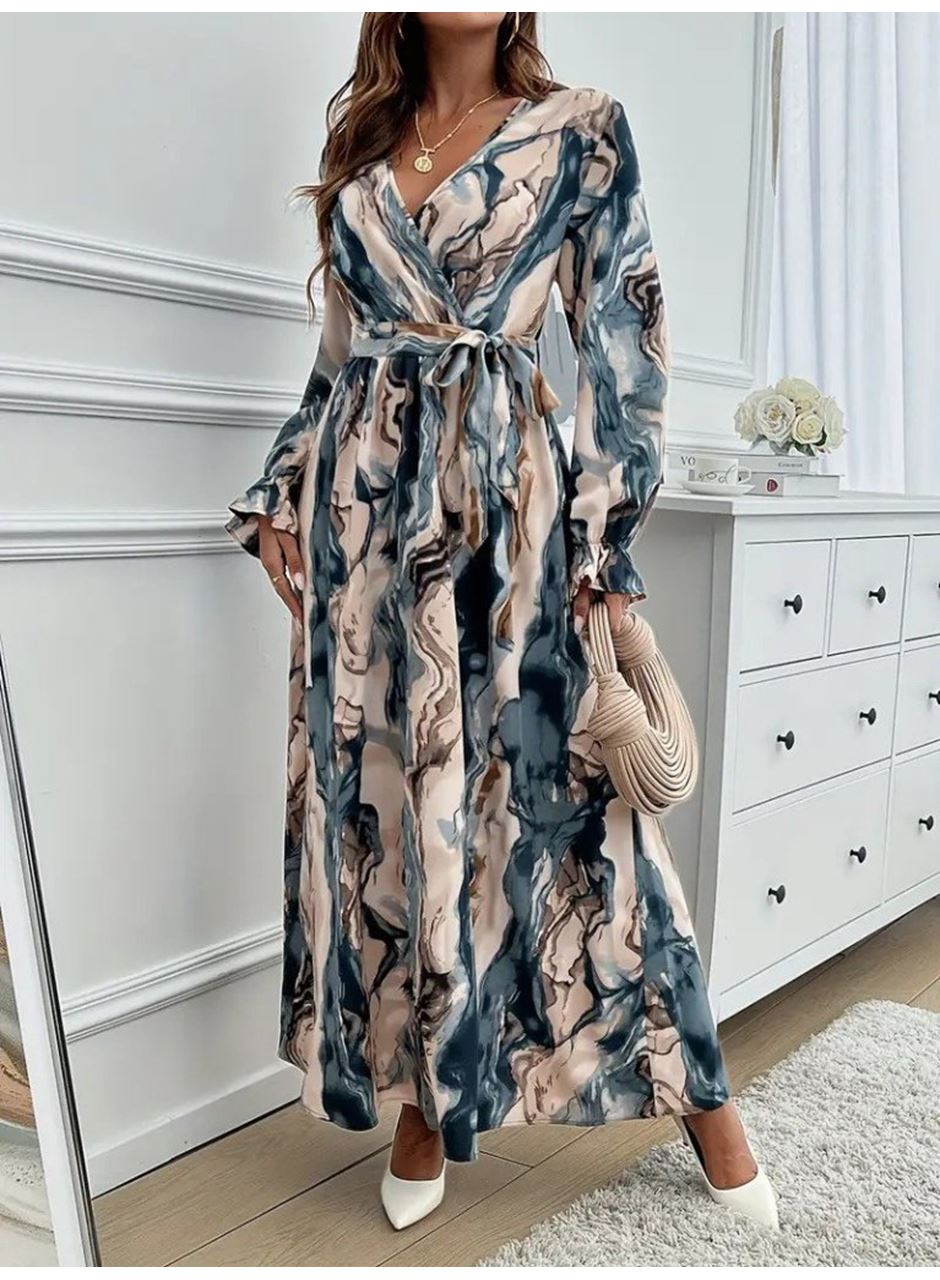 Kadın Uzun Kollu Kruvaze Yakalı Beli Kuşaklı Desenli Süprem Maxi Elbise