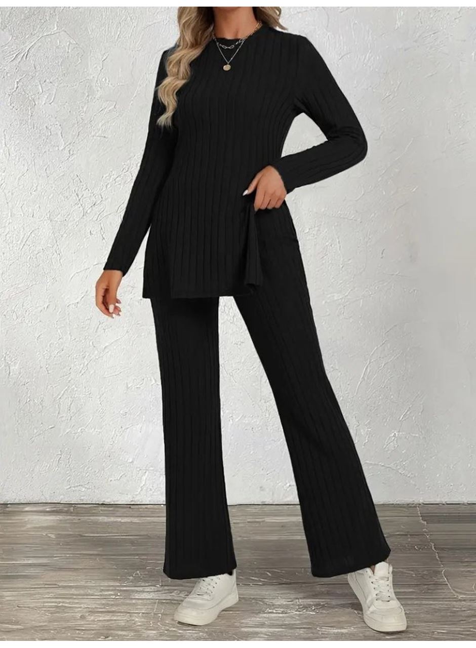 Kadın Uzun Kollu Bisiklet Yaka Yandan Yırtmaçlı şardonlu Kaşkorse Bluz Ve Pantolon Ikili Takım