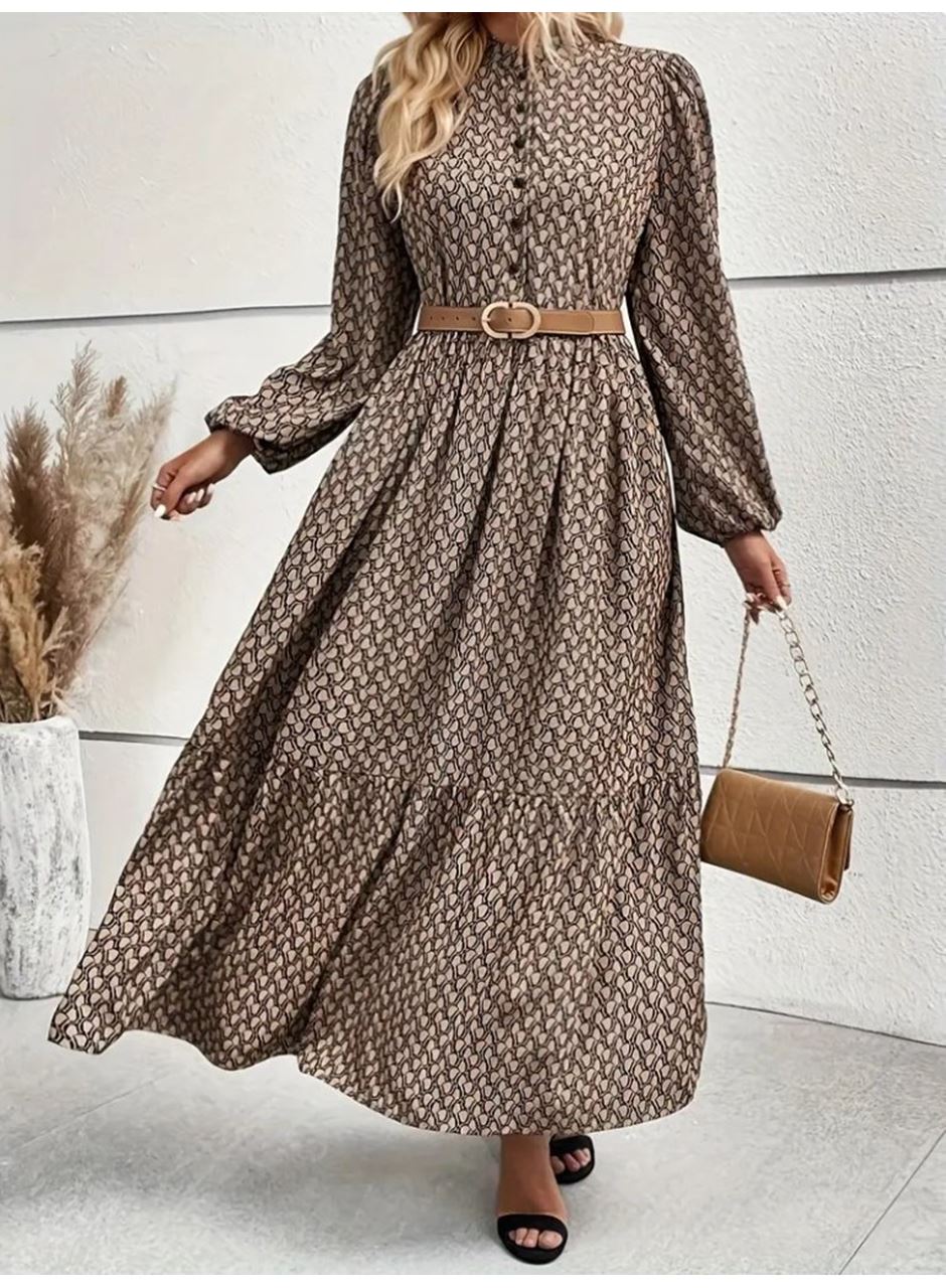 Kadın Uzun Kollu Hakim Yakalı Düğmeli Kemersiz Desenli Maxi Süprem Elbise