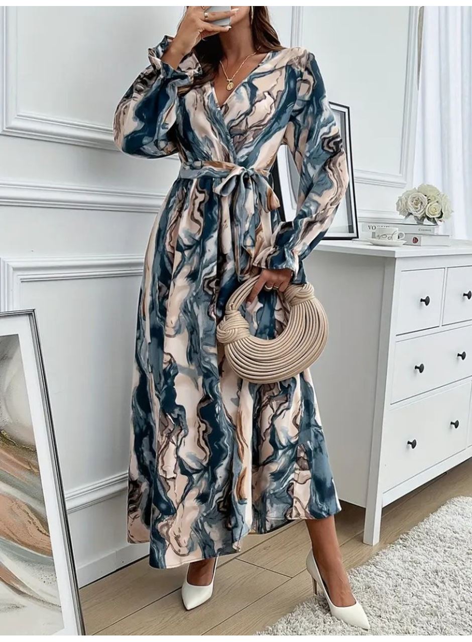 Kadın Uzun Kollu Kruvaze Yakalı Beli Kuşaklı Desenli Süprem Maxi Elbise