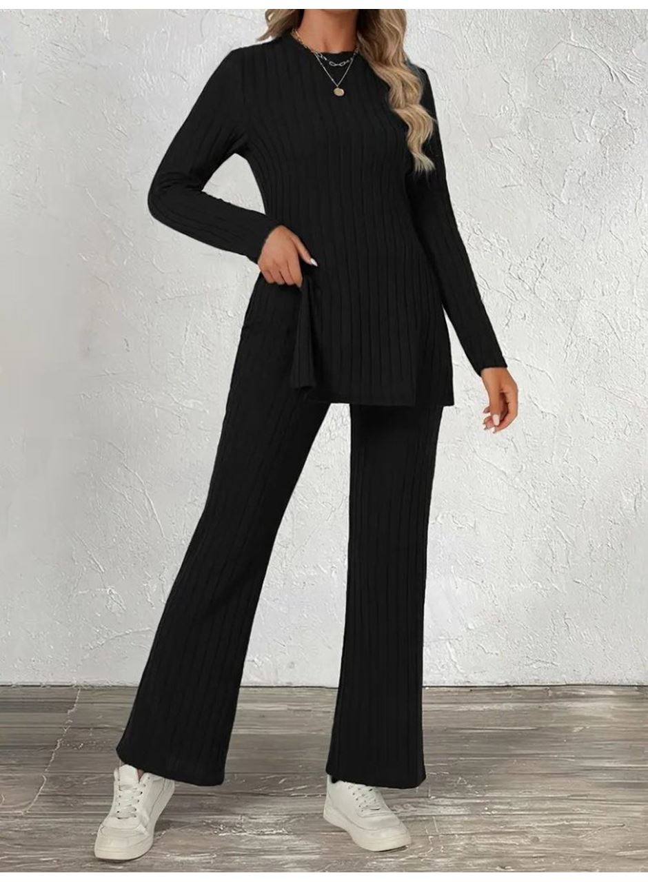 Kadın Uzun Kollu Bisiklet Yaka Yandan Yırtmaçlı şardonlu Kaşkorse Bluz Ve Pantolon Ikili Takım