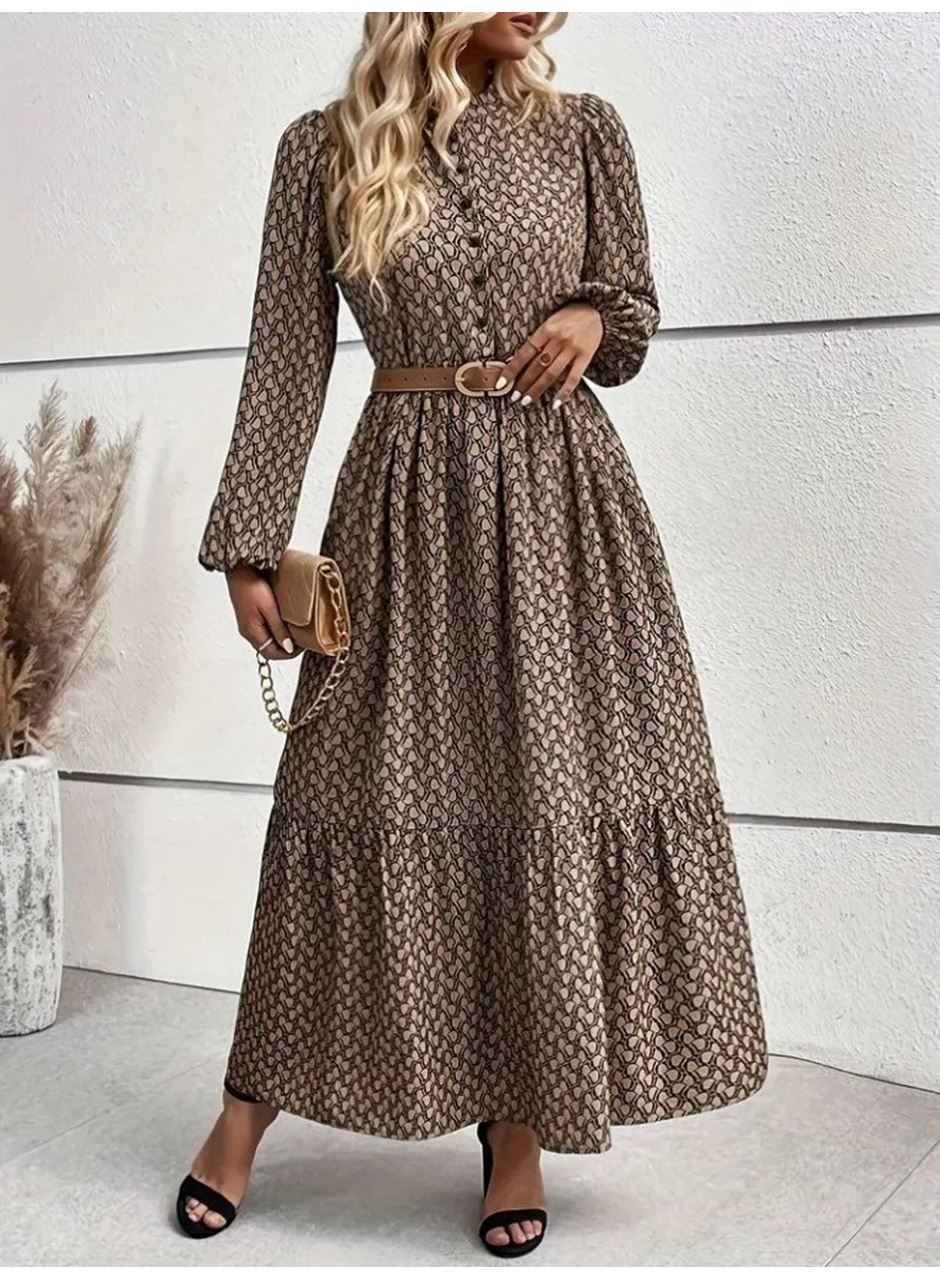 Kadın Uzun Kollu Hakim Yakalı Düğmeli Kemersiz Desenli Maxi Süprem Elbise