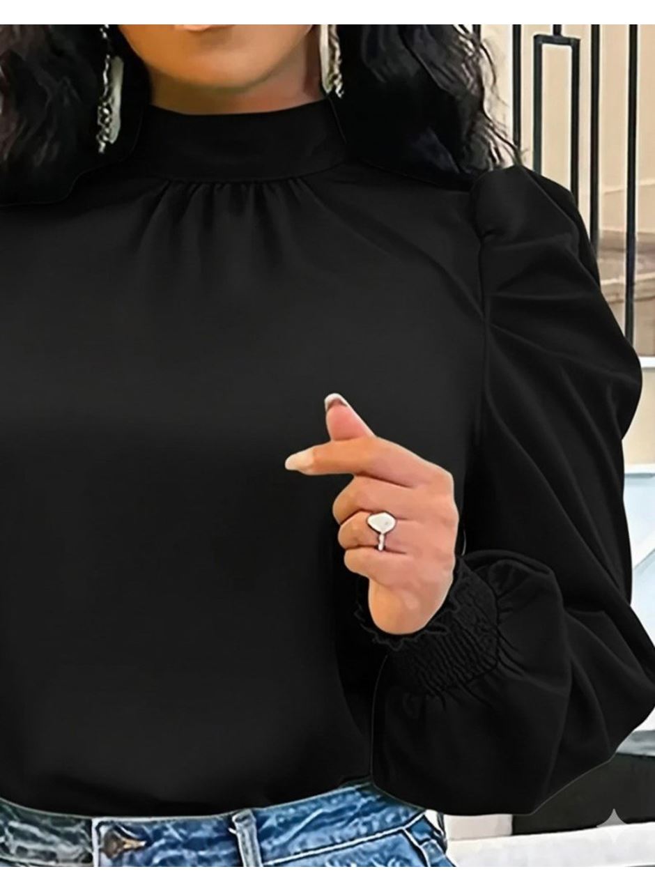 Kadın Uzun Kollu Balıkçı Yaka Arkadan Bağlamalı Omuzlardan Balon Ithal Krep Bluz