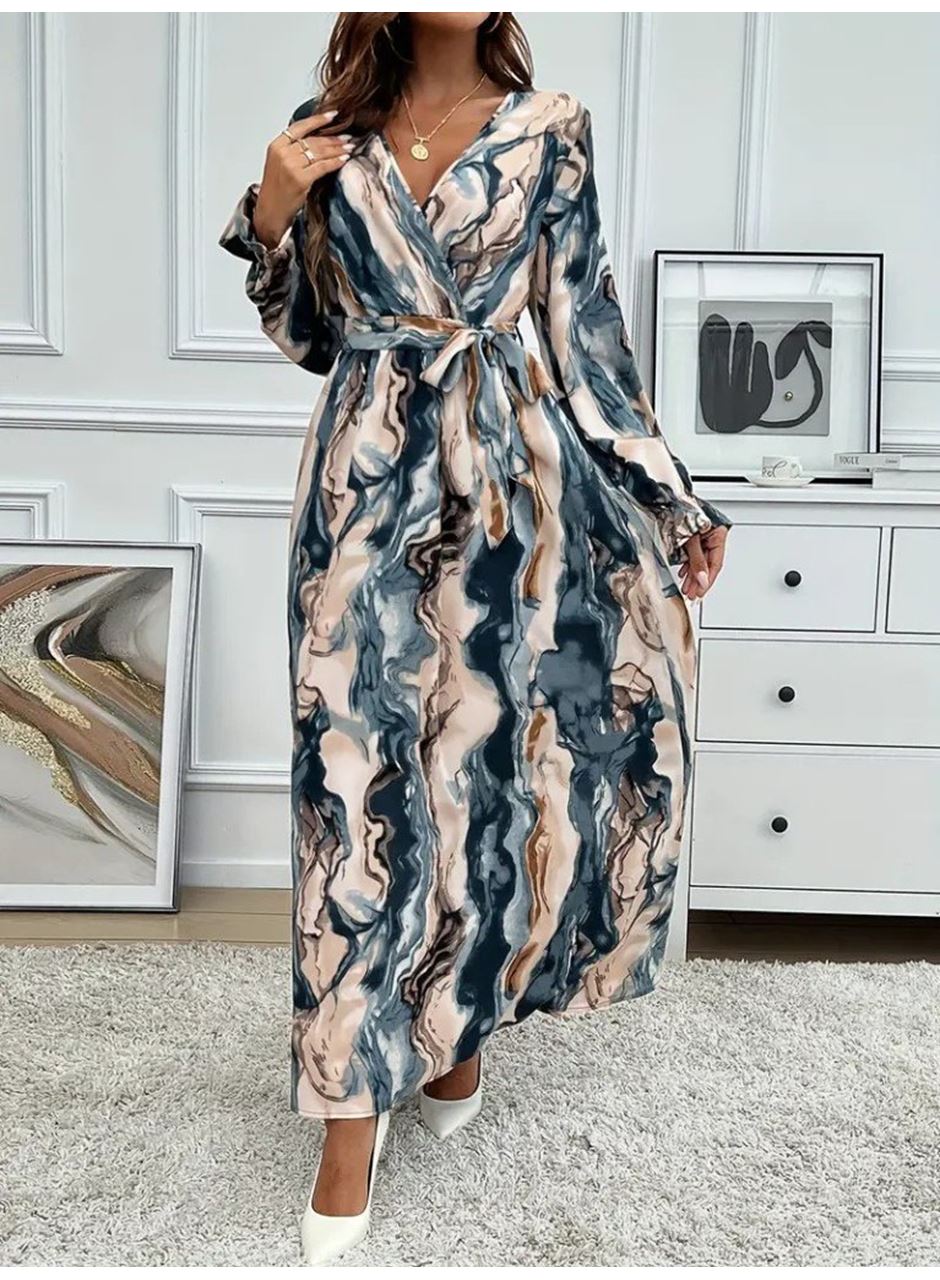 Kadın Uzun Kollu Kruvaze Yakalı Beli Kuşaklı Desenli Süprem Maxi Elbise