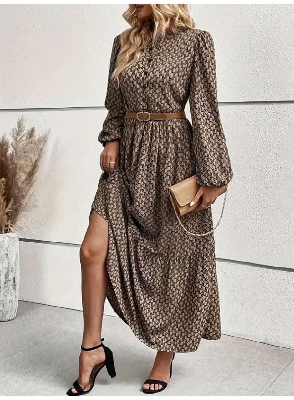 Kadın Uzun Kollu Hakim Yakalı Düğmeli Kemersiz Desenli Maxi Süprem Elbise