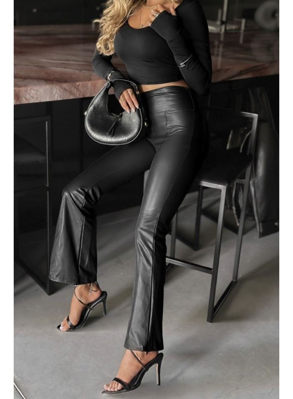 Kadın Yüksek Bel Paçaya Doğru Geniş Deri Pantolon