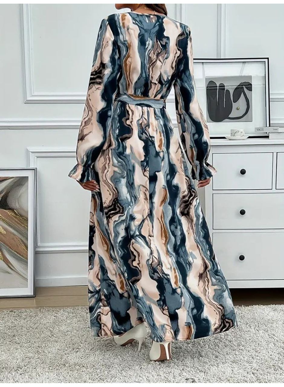 Kadın Uzun Kollu Kruvaze Yakalı Beli Kuşaklı Desenli Süprem Maxi Elbise