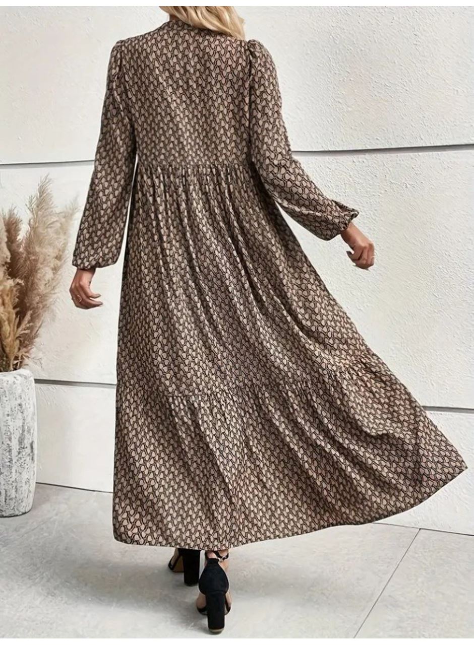 Kadın Uzun Kollu Hakim Yakalı Düğmeli Kemersiz Desenli Maxi Süprem Elbise