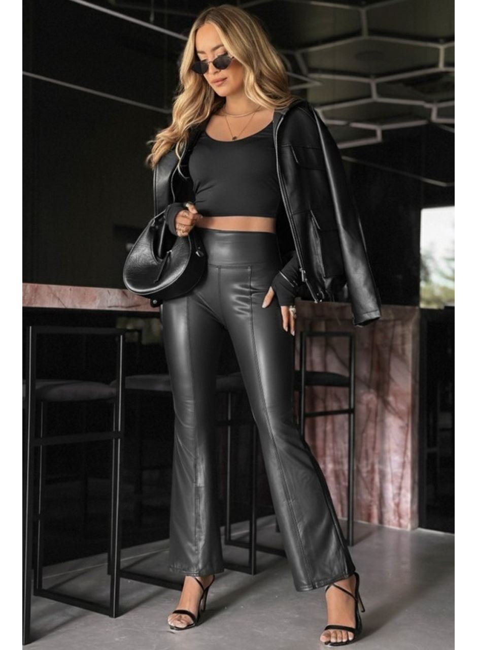 Kadın Yüksek Bel Paçaya Doğru Geniş Deri Pantolon