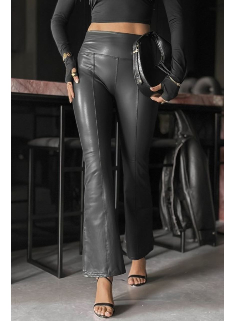 Kadın Yüksek Bel Paçaya Doğru Geniş Deri Pantolon