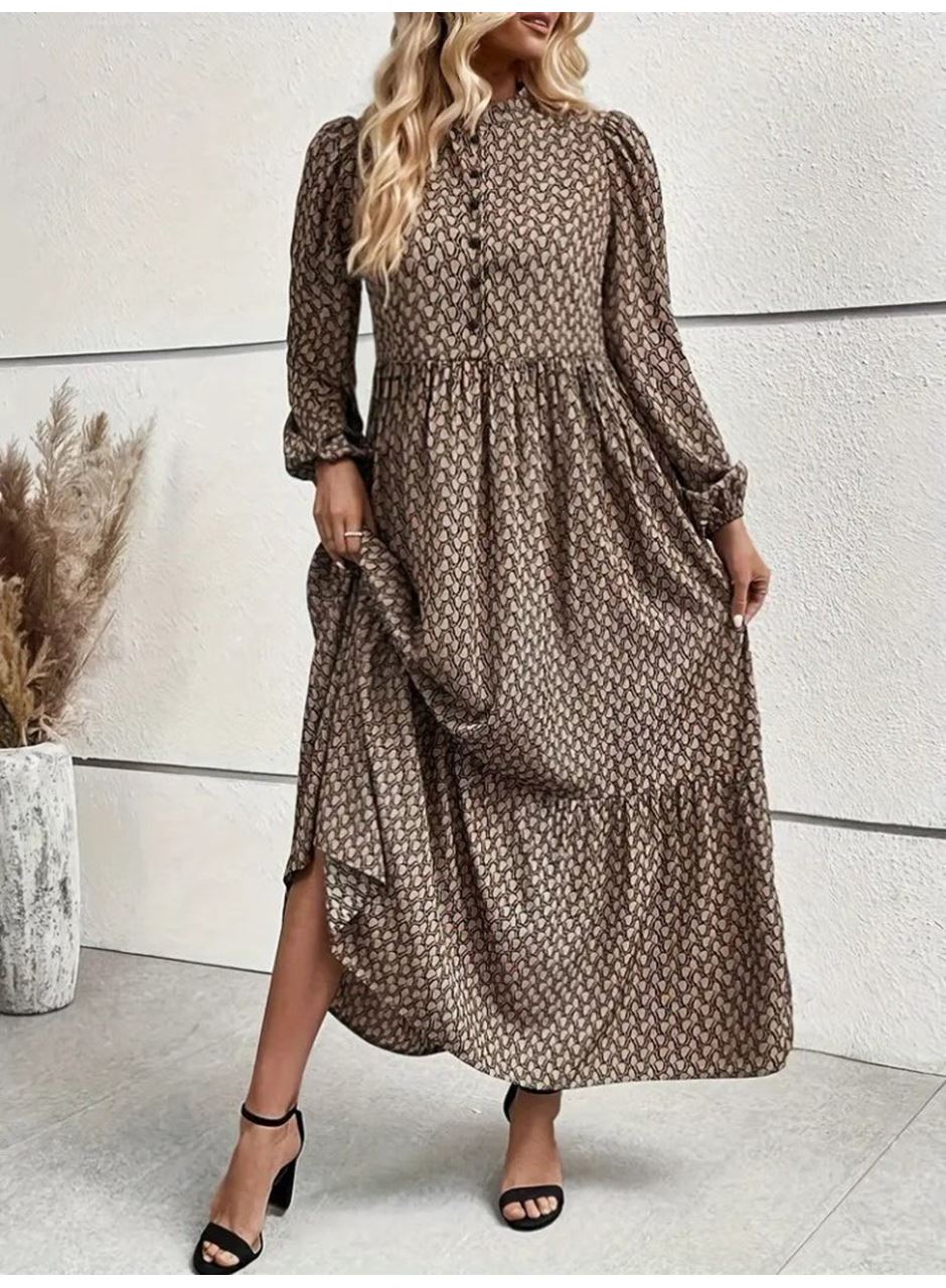 Kadın Uzun Kollu Hakim Yakalı Düğmeli Kemersiz Desenli Maxi Süprem Elbise