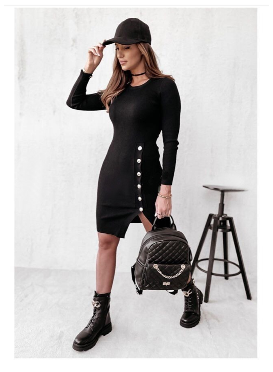 Kadın Siyah Uzun Kollu Bisiklet Yaka Yan Yırtmaç Düğme Detay Kısa Kaşkorse Elbise