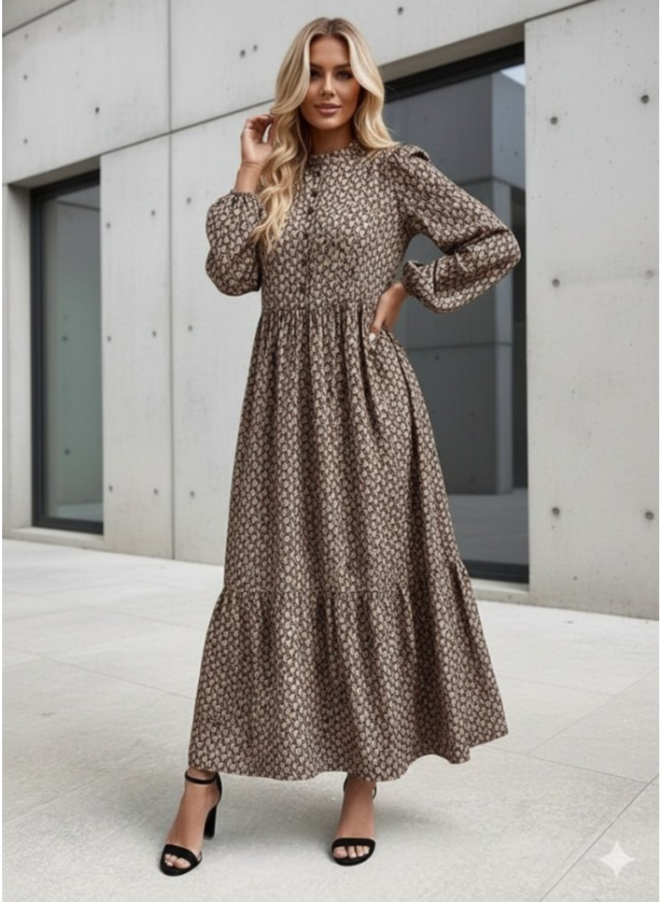 Kadın Uzun Kollu Hakim Yakalı Düğmeli Kemersiz Desenli Maxi Süprem Elbise