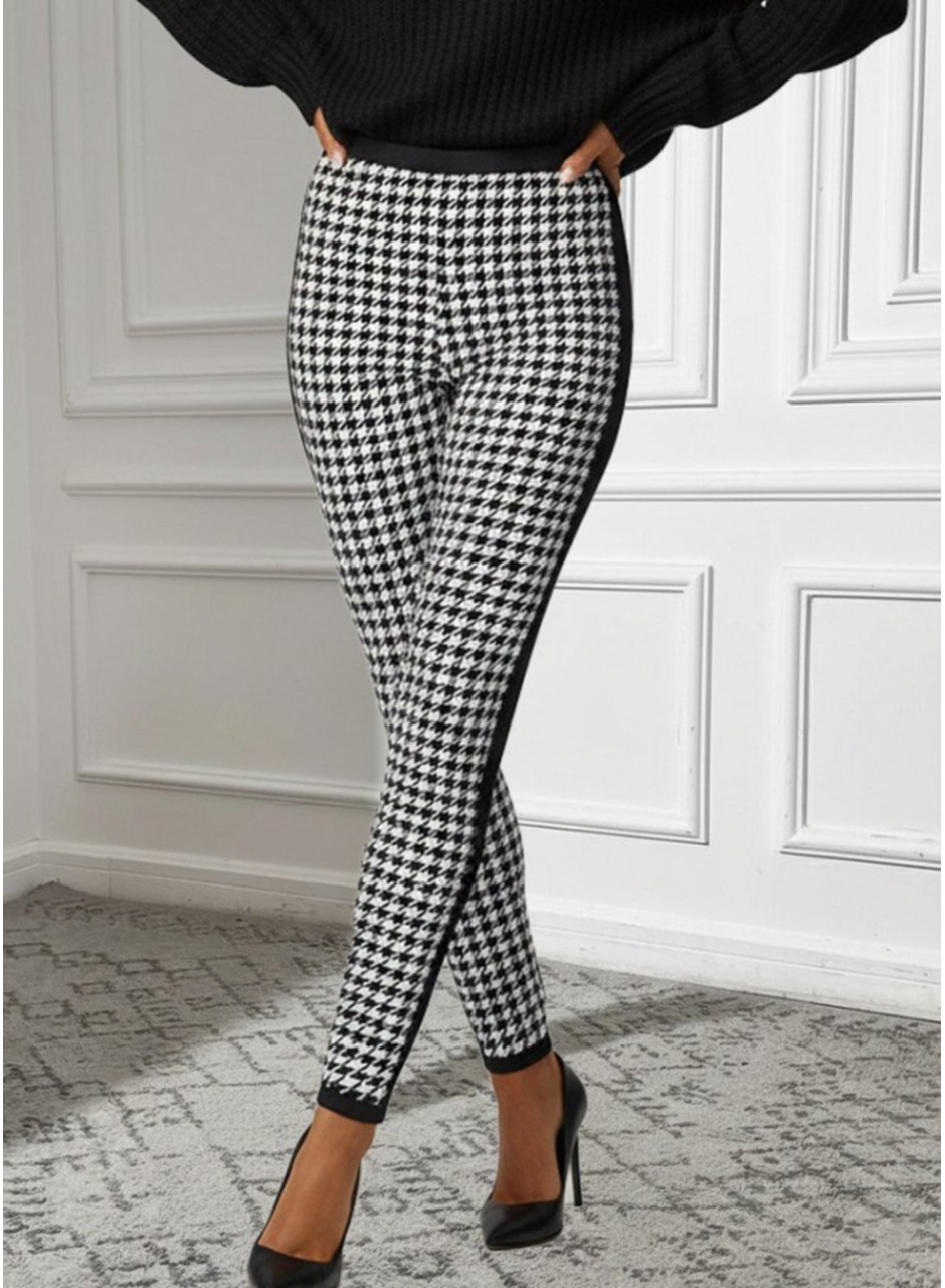 Kadın Yüksek Bel Kaz Ayağı Desenli Yanları şeritli Dalgıç Pantolon