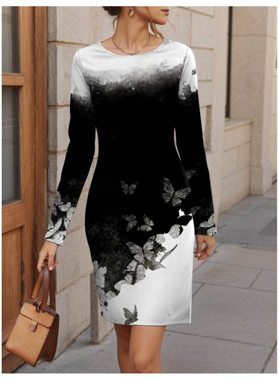 Kadın Uzun Kollu Bisiklet Yaka çiçek Desenli Kısa şardonlu Dalgıç Elbise