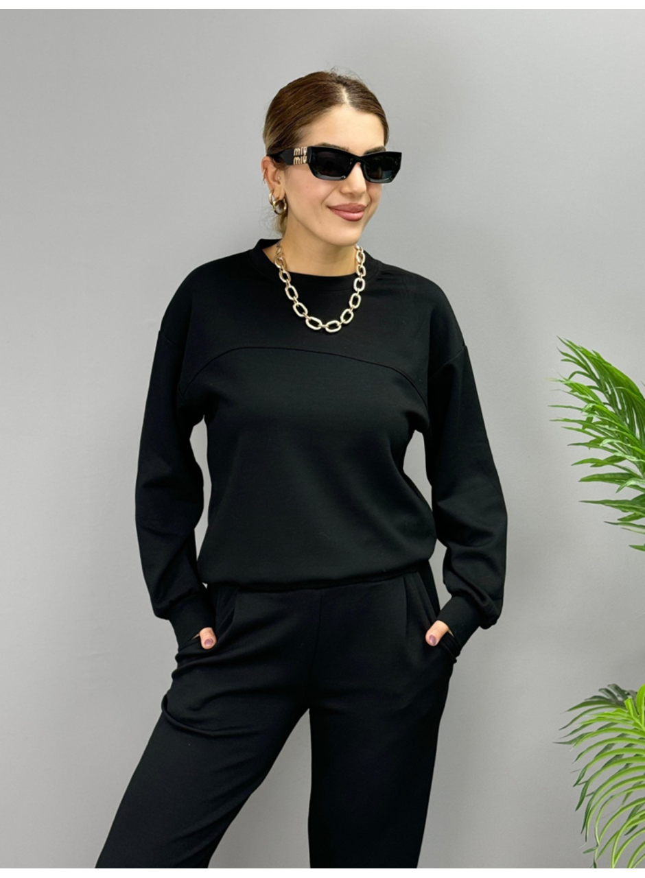 Kadın Uzun Kollu Bisiklet Yaka Viskon Iki Iplik Bluz Ve Pantolon Ikili Takım