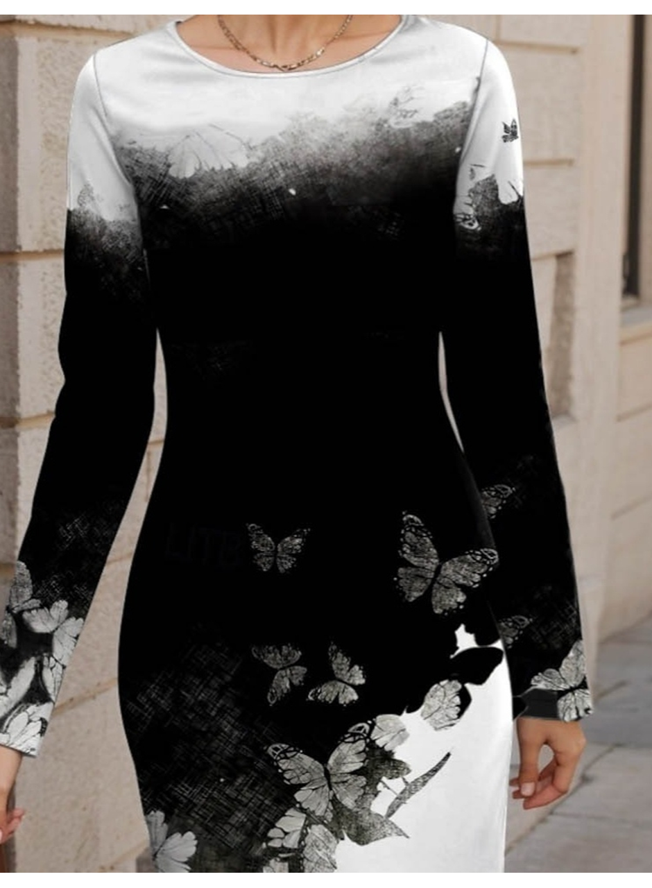 Kadın Uzun Kollu Bisiklet Yaka çiçek Desenli Kısa şardonlu Dalgıç Elbise